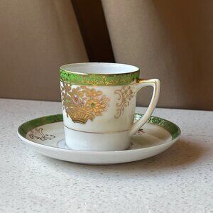 Hand Painted SGK China Demitasse Cup & Saucer Set With Gold & Green Floral Desig